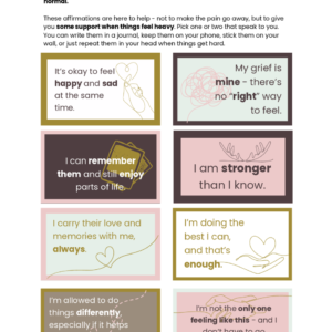 Image with text dealing with grief. Shares multiple affirmations